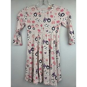 Sweet Bamboo Girls Pink Farm Tractor Cow Barn Twirl Dress Long Sleeve Size 5Y